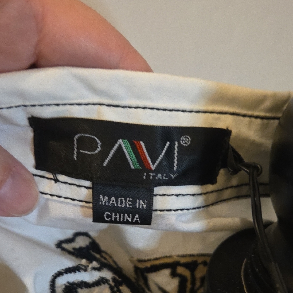 PAVI Men's White Shirt with Black Print/Embroidery/Studs Size Large NWT Western - Picture 5 of 11